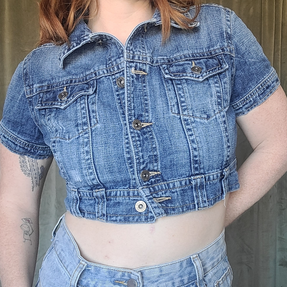 Vintage Western Alt Indie Sleaze McBling Kidcore Cropped Denim Button Down
